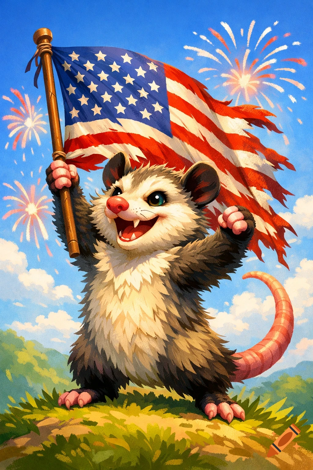 A cheerful cartoon opossum holds a tattered American flag triumphantly with fireworks bursting in a blue sky over grassy hills.