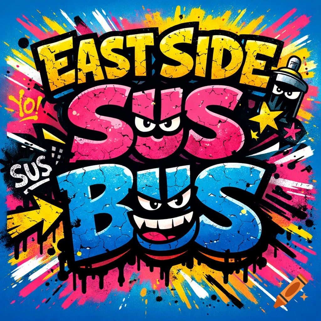 Comical graffiti graphic spelling 'EASTSIDE SUS BUS' in yellow, pink, and blue, with cartoon faces and paint splatters.