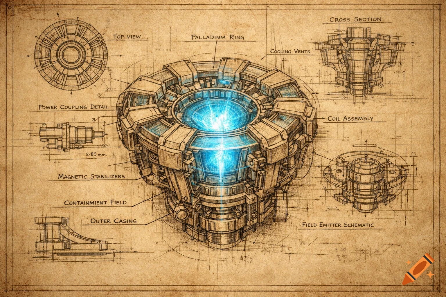 A stylized blueprint sketch on aged parchment paper showing a complex, glowing blue arc reactor device with various labeled components and cross-sections.