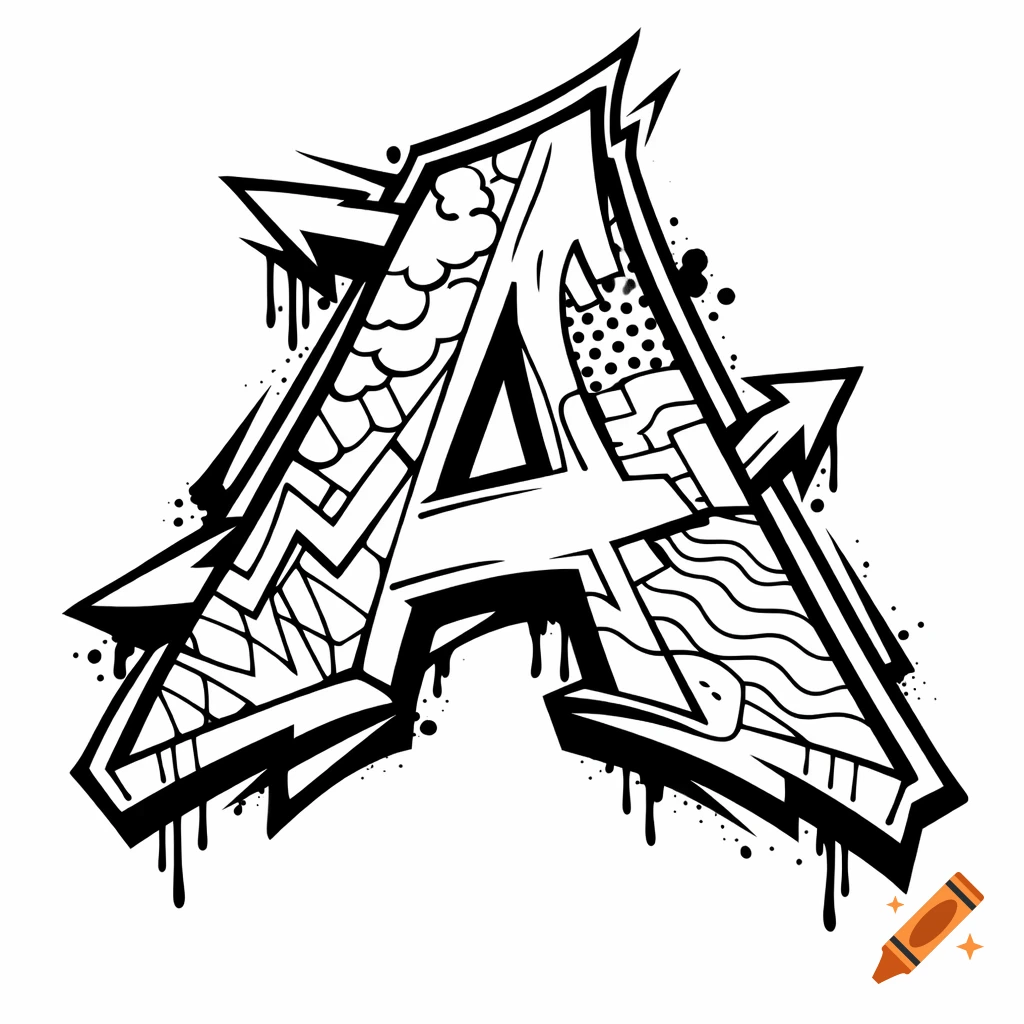 A black and white graffiti-style letter A with drip effects and patterns, designed for coloring.