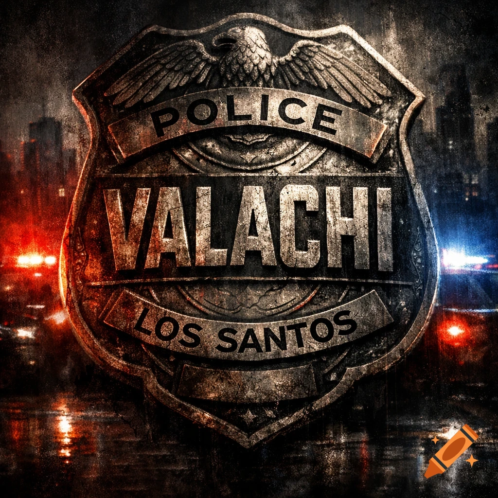 A gritty, metallic police badge with 'POLICE', 'VALACHI', and 'LOS SANTOS' text, set against a dark, blurry city with flashing police lights.