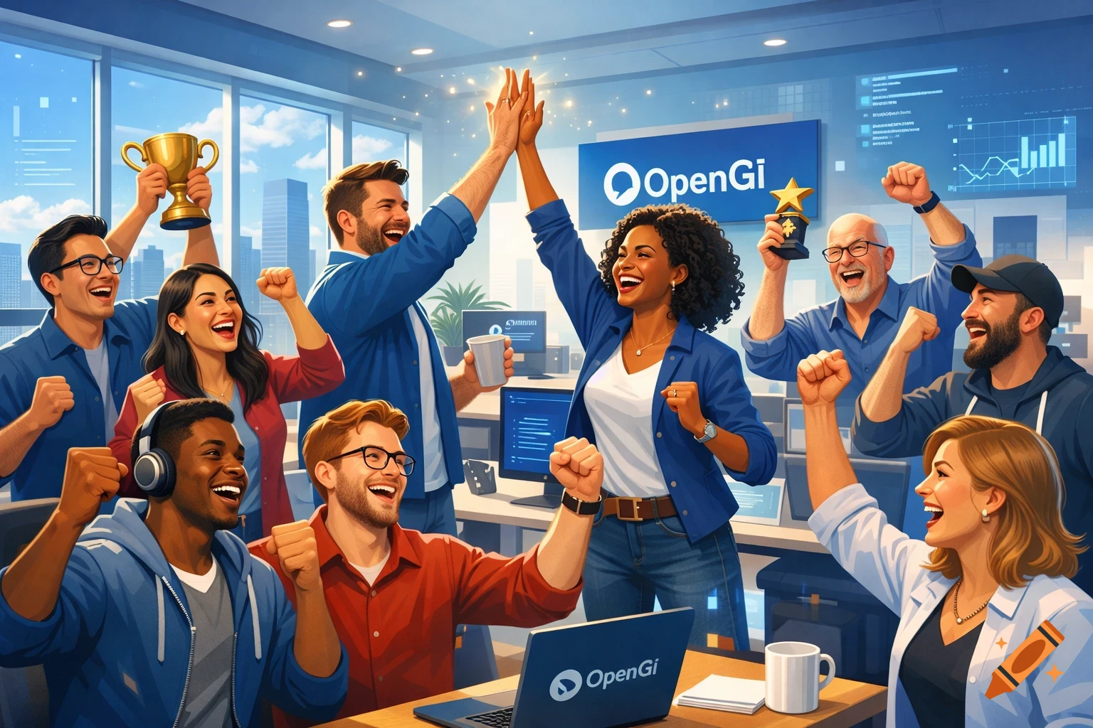 A diverse group of happy software engineers celebrate a success in a ...