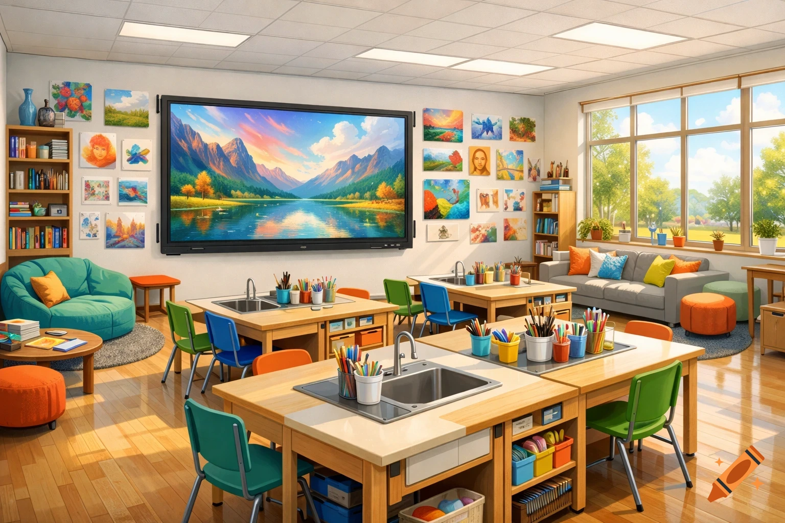 A vibrant art classroom featuring group tables with sinks, craft supplies, a large digital screen, and a cozy reading nook.