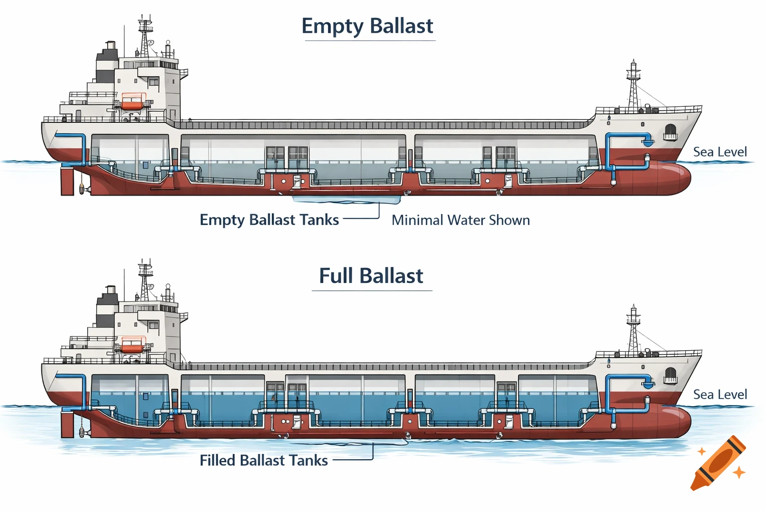 Diagrams illustrating a cargo ship with empty ballast tanks floating high and another with full ballast tanks riding lower, showing internal water levels.