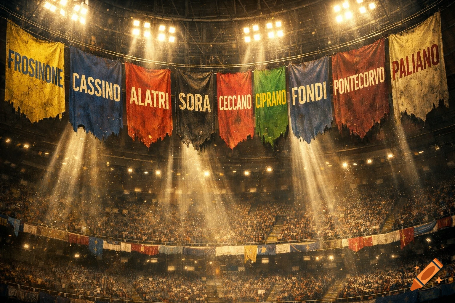 Dramatic view inside a large stadium with bright spotlights illuminating colorful, tattered banners featuring city names hanging above a cheering crowd.