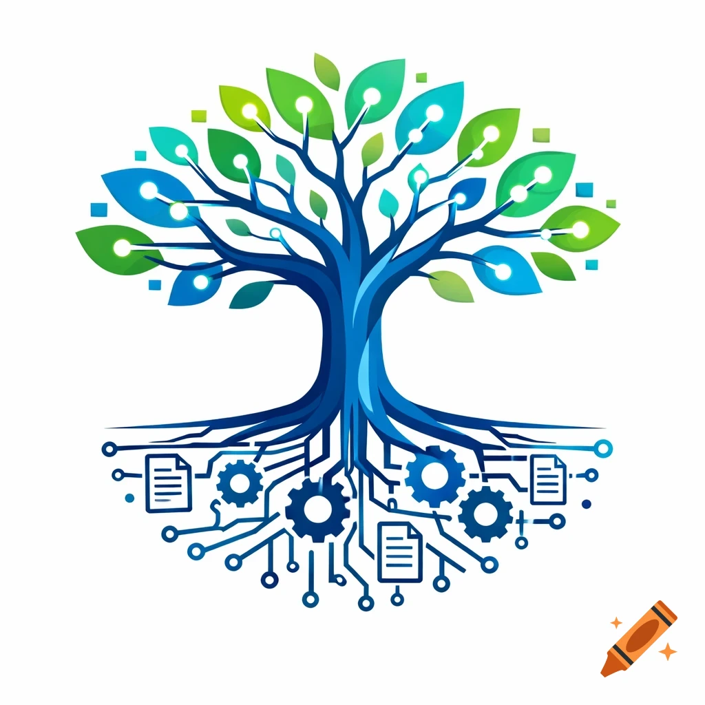 A stylized blue tree with circuit board roots, gears, and document icons, transitioning to green and blue digital leaves, on a white background.
