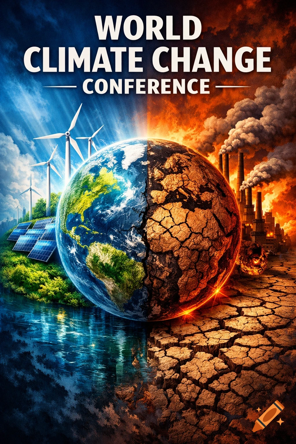 Poster for World Climate Change Conference showing a split Earth: one half green with wind turbines and solar panels, the other dry with polluting factories.