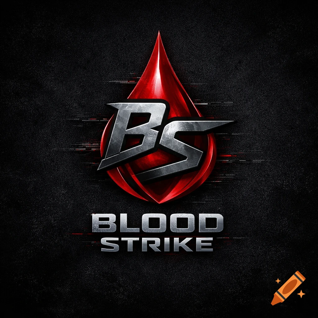 A metallic 'BS' logo inside a red blood droplet, with 'BLOOD STRIKE' text below, on a dark textured background.