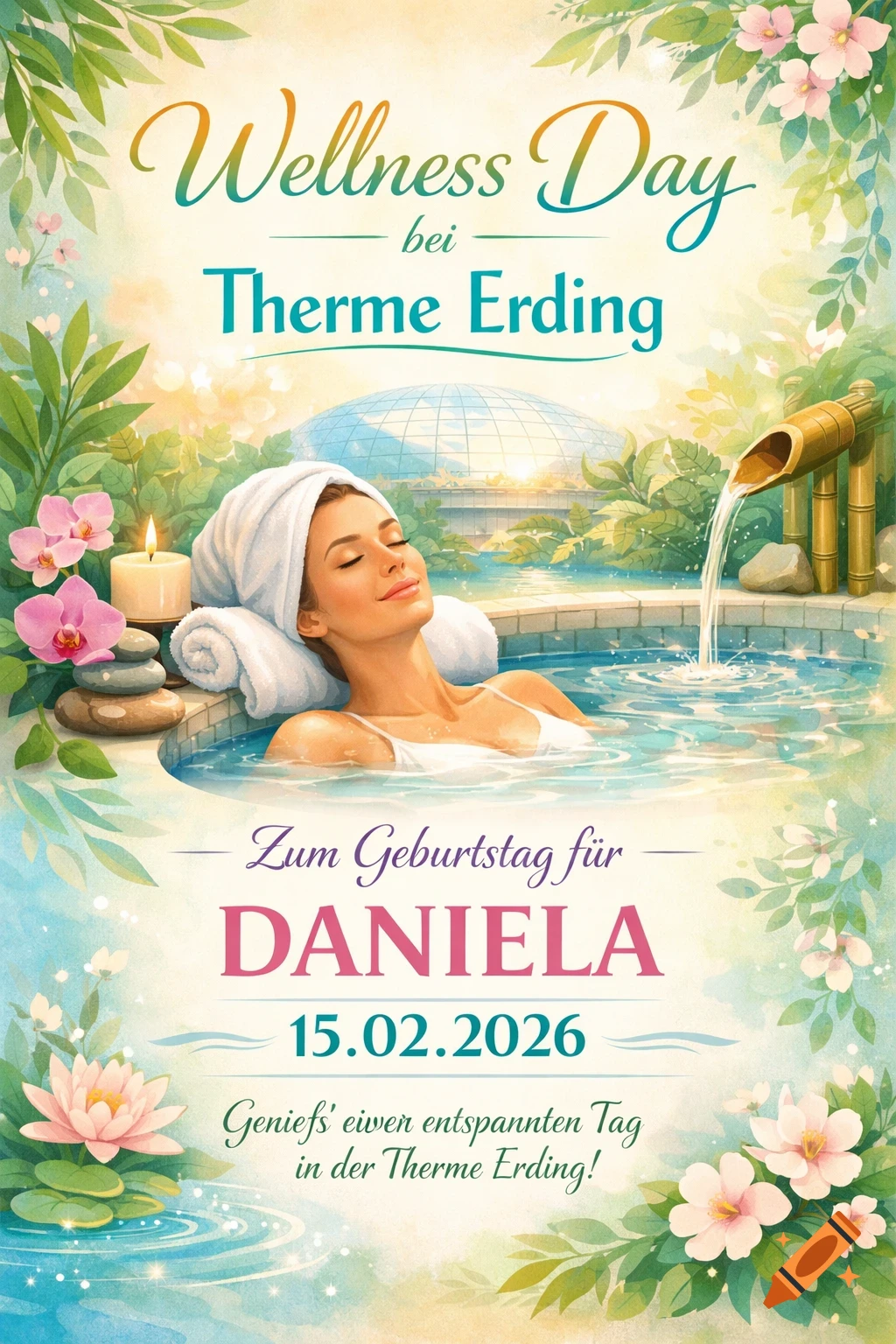 Colorful illustrated voucher for a "Wellness Day bei Therme Erding" featuring a woman relaxing in a hot tub, surrounded by lush plants and flowers, with a large glass dome in the background. Text indicates it's for Daniela's birthday on 15.02.2026.