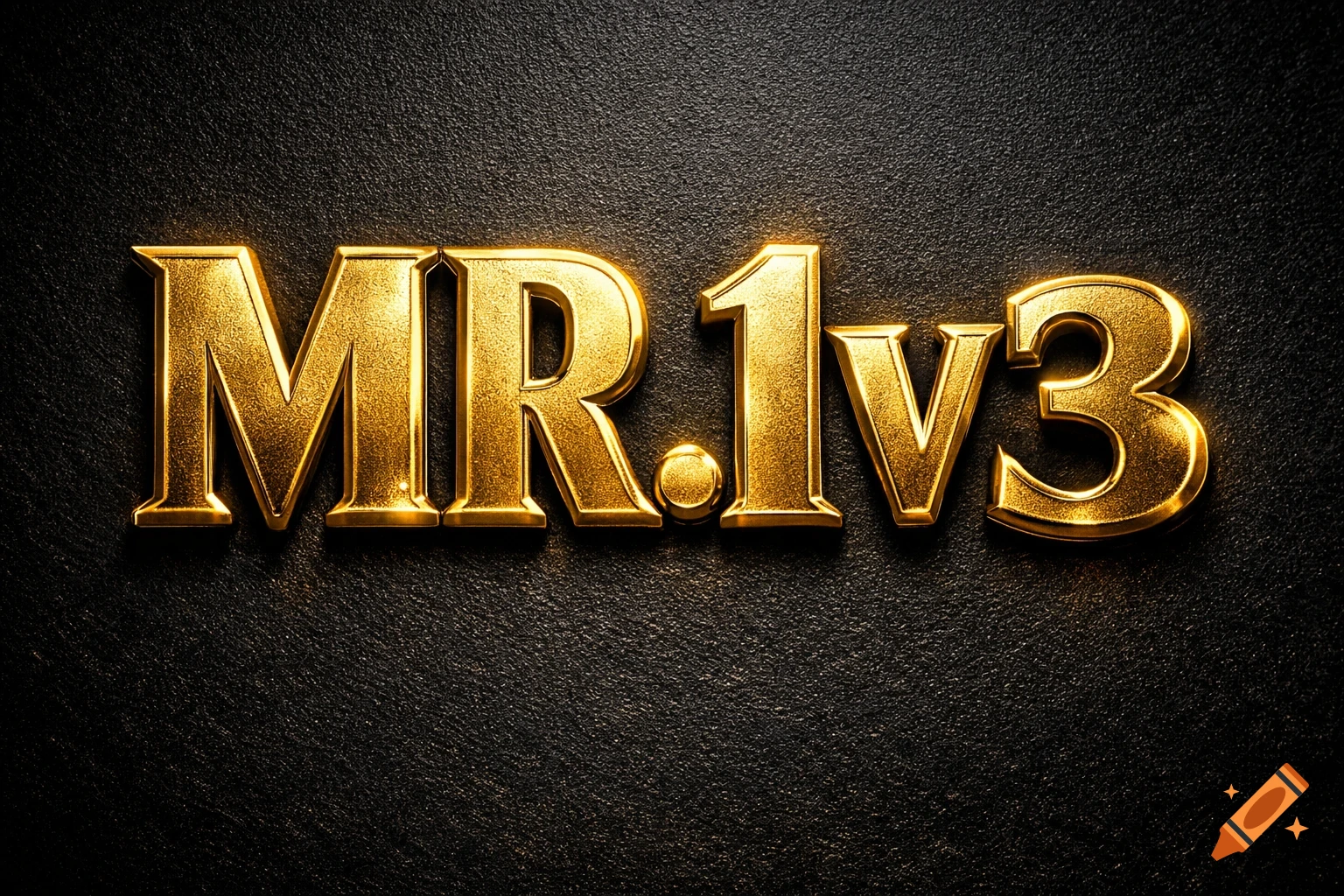 Bold gold embossed text "MR.1v3" on a dark textured background with subtle lighting.
