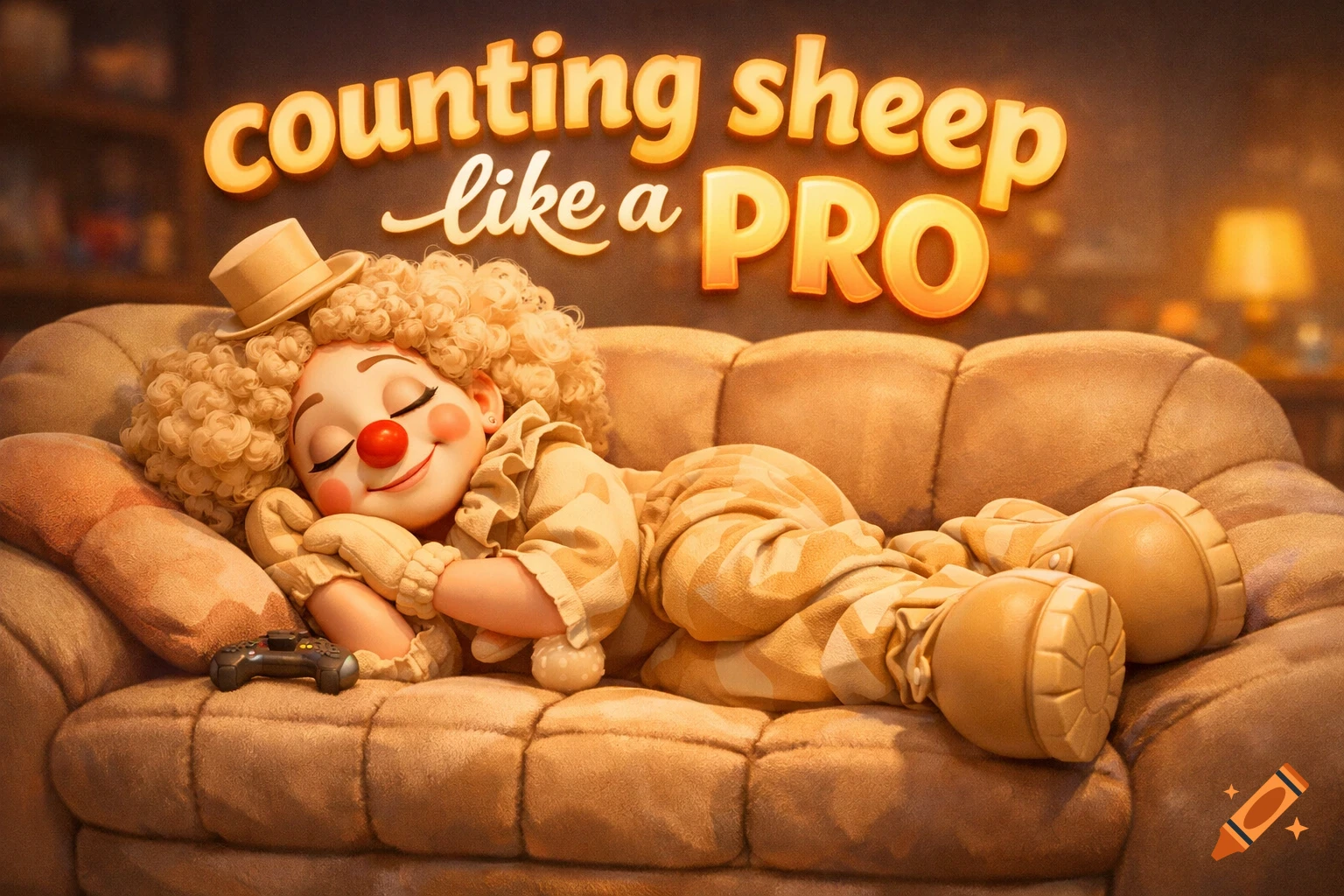 A 3D animated clown with curly blonde hair and a top hat sleeps peacefully on a brown couch beneath the words "counting sheep like a PRO".