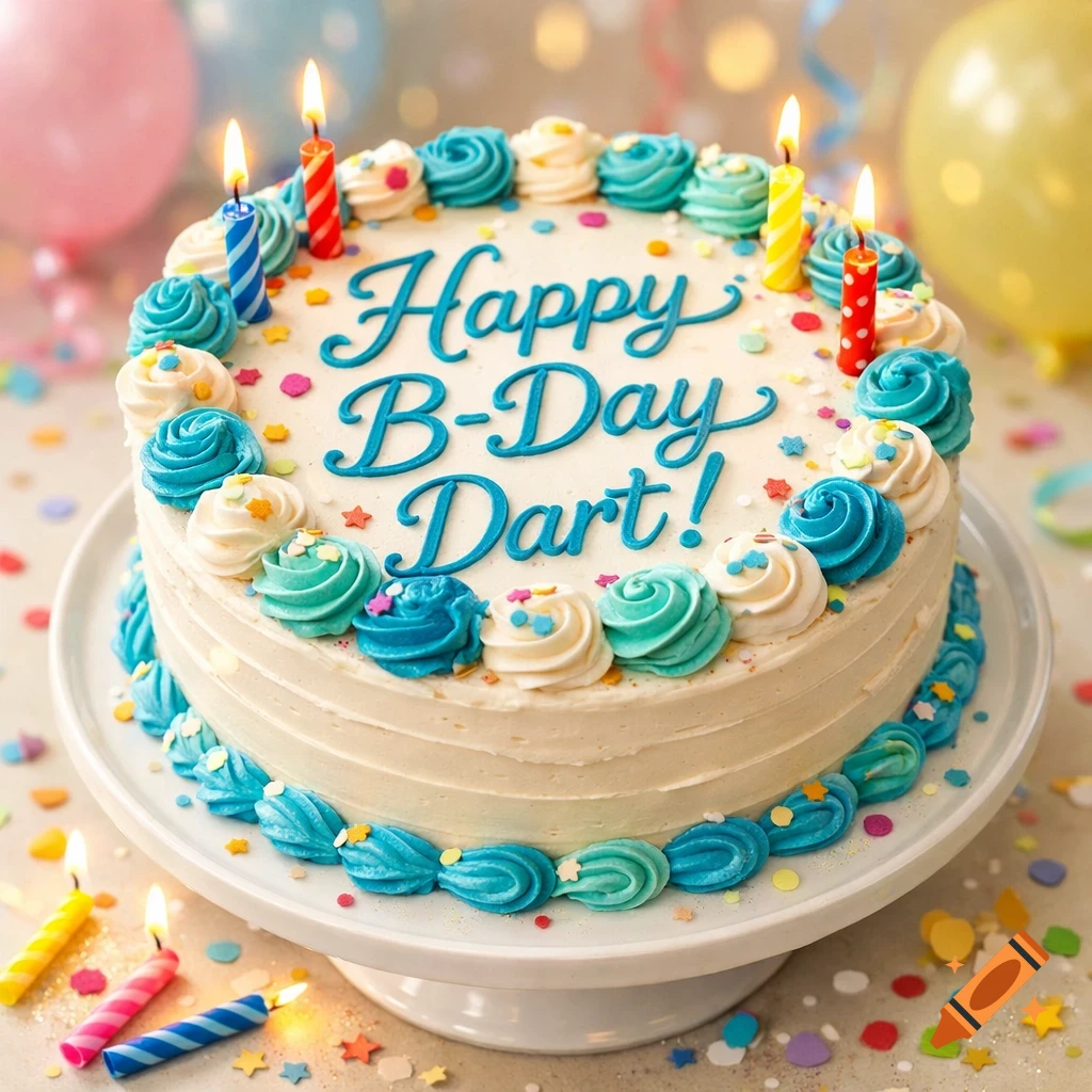 Photorealistic birthday cake with white frosting, blue and teal rosettes, colorful sprinkles, lit candles, and 'Happy B-Day Dart!' written in blue icing.