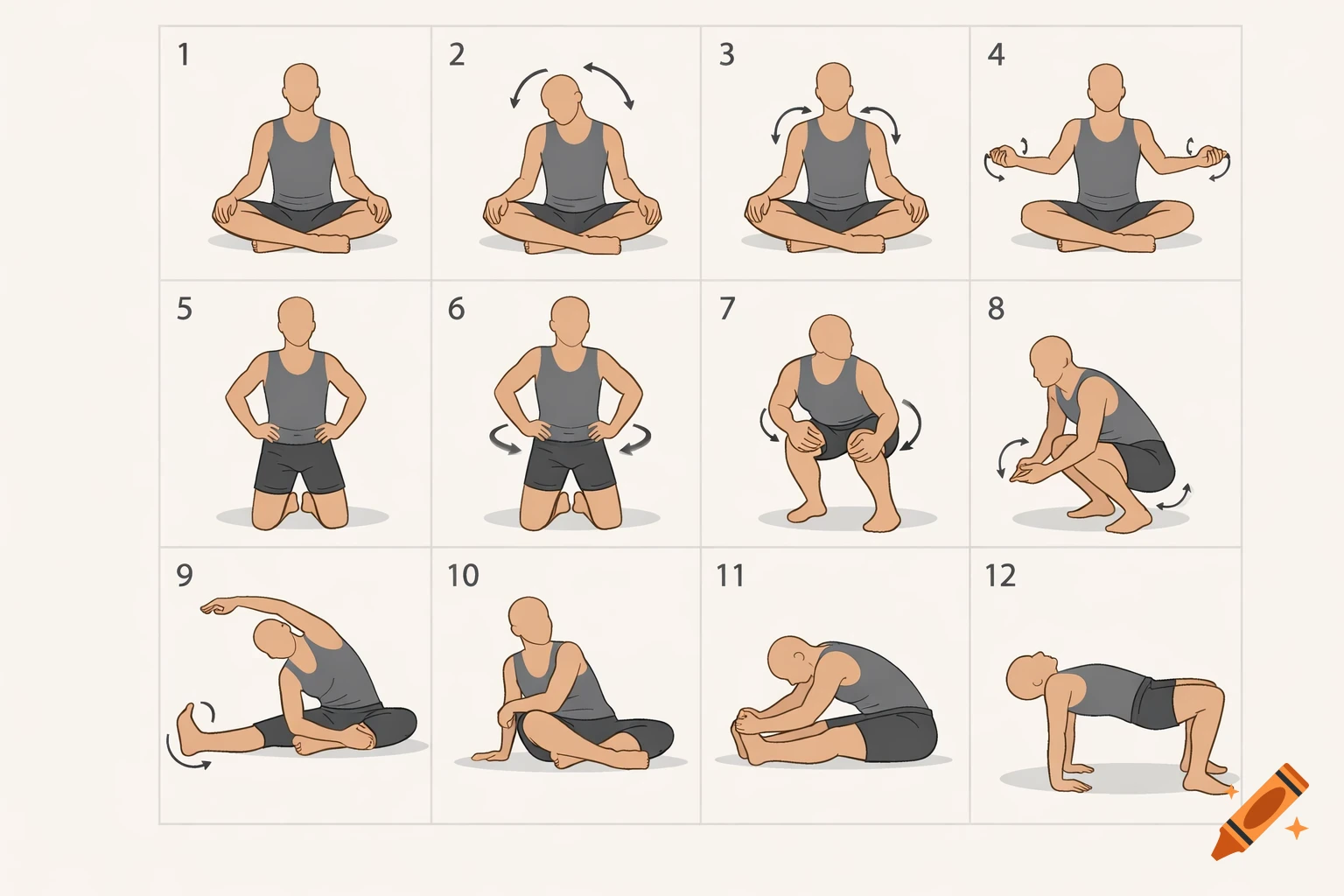 A numbered 3x4 grid of minimalist illustrations showing a gender-neutral figure performing twelve yoga and exercise poses.