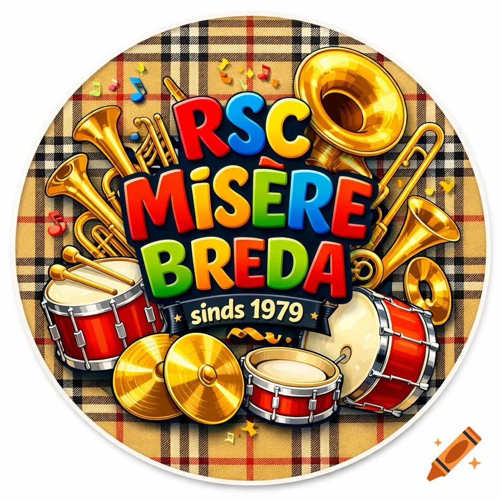 A vibrant round sticker with colorful balloon letters 'RSC MISÈRE BREDA', 'sinds 1979', golden musical instruments, on a beige tartan background.