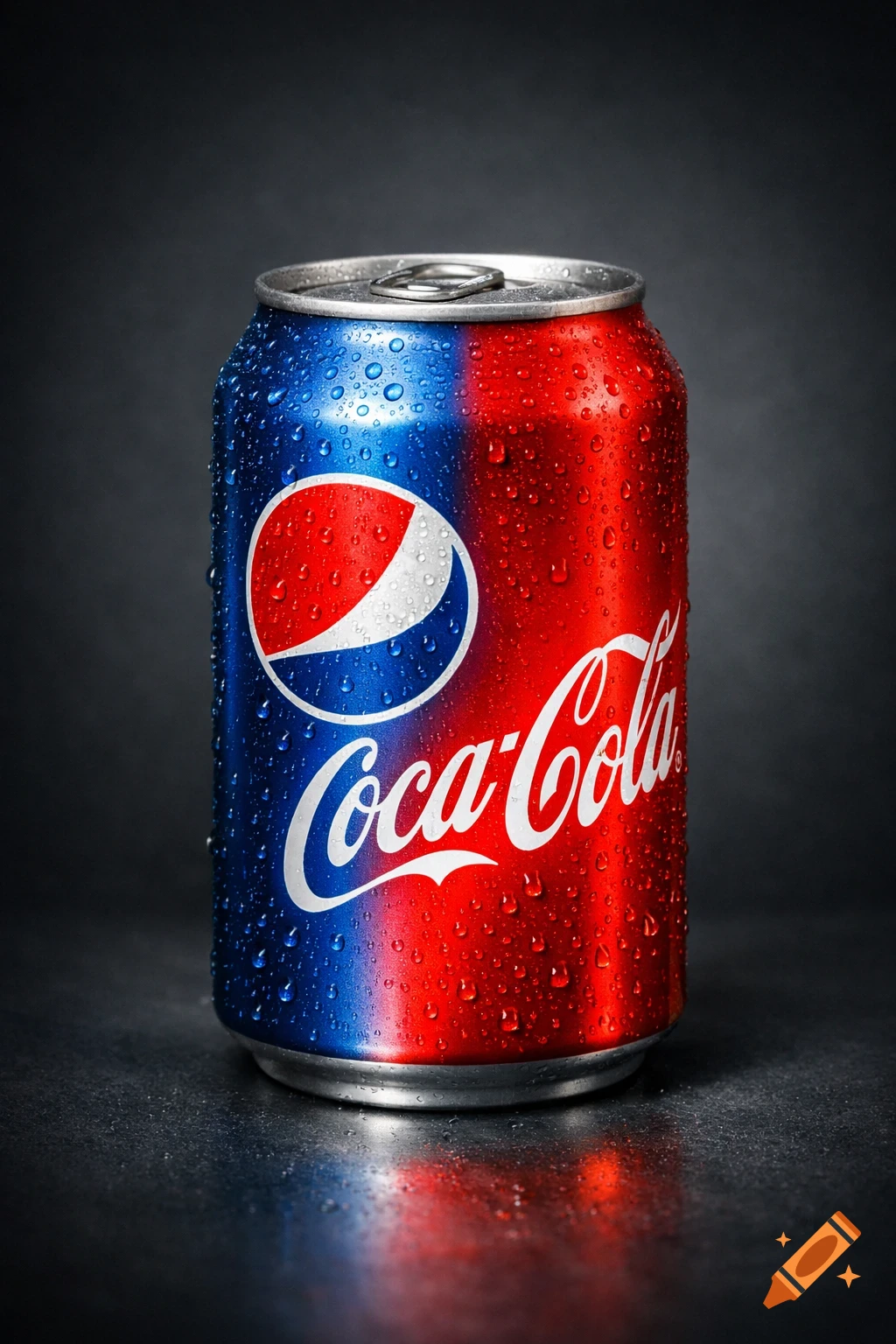 A cold soda can, half Pepsi blue and half Coca-Cola red, covered in water droplets.