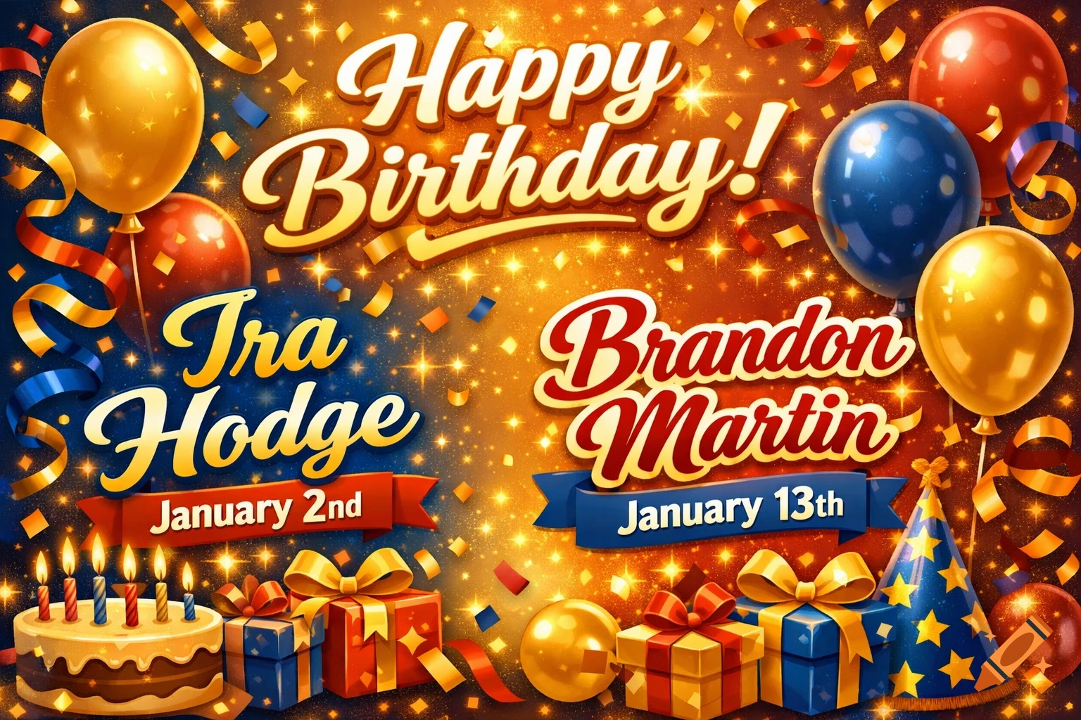 A vibrant birthday flyer with golden and blue balloons, confetti, wrapped gifts, a birthday cake, and a party hat, against a sparkling gold and blue background. Text reads "Happy Birthday! Ira Hodge January 2nd Brandon Martin January 13th".