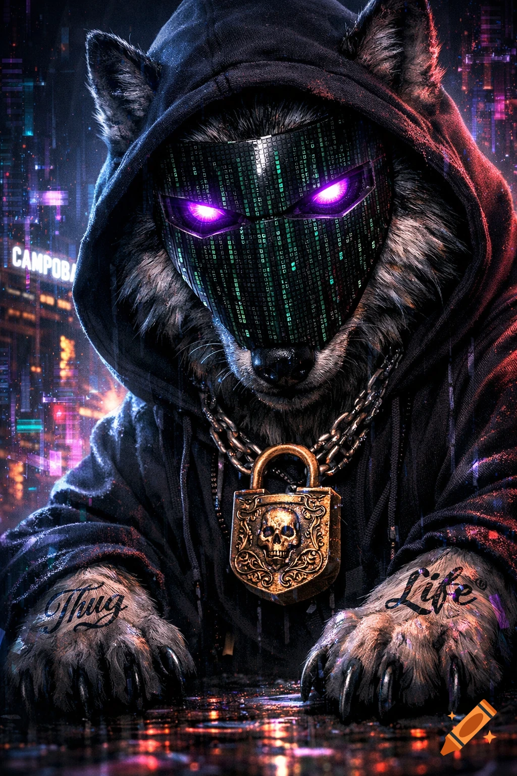 A stylized wolf in a black hoodie with a pixelated green mask and glowing purple eyes, wearing a skull padlock chain, against a neon cyberpunk city. 'Thug' and 'Life' are visible on its paws.