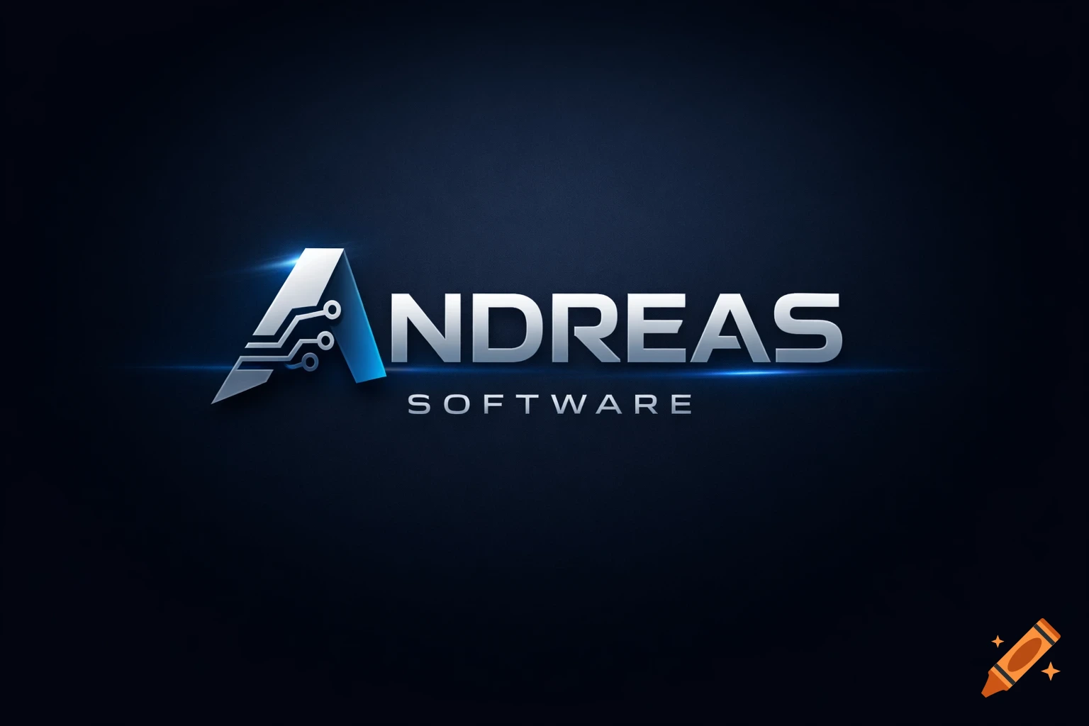 Sleek metallic 3D logo for 'Andreas Software' with a circuit board design in the 'A' on a dark blue background with light flares.