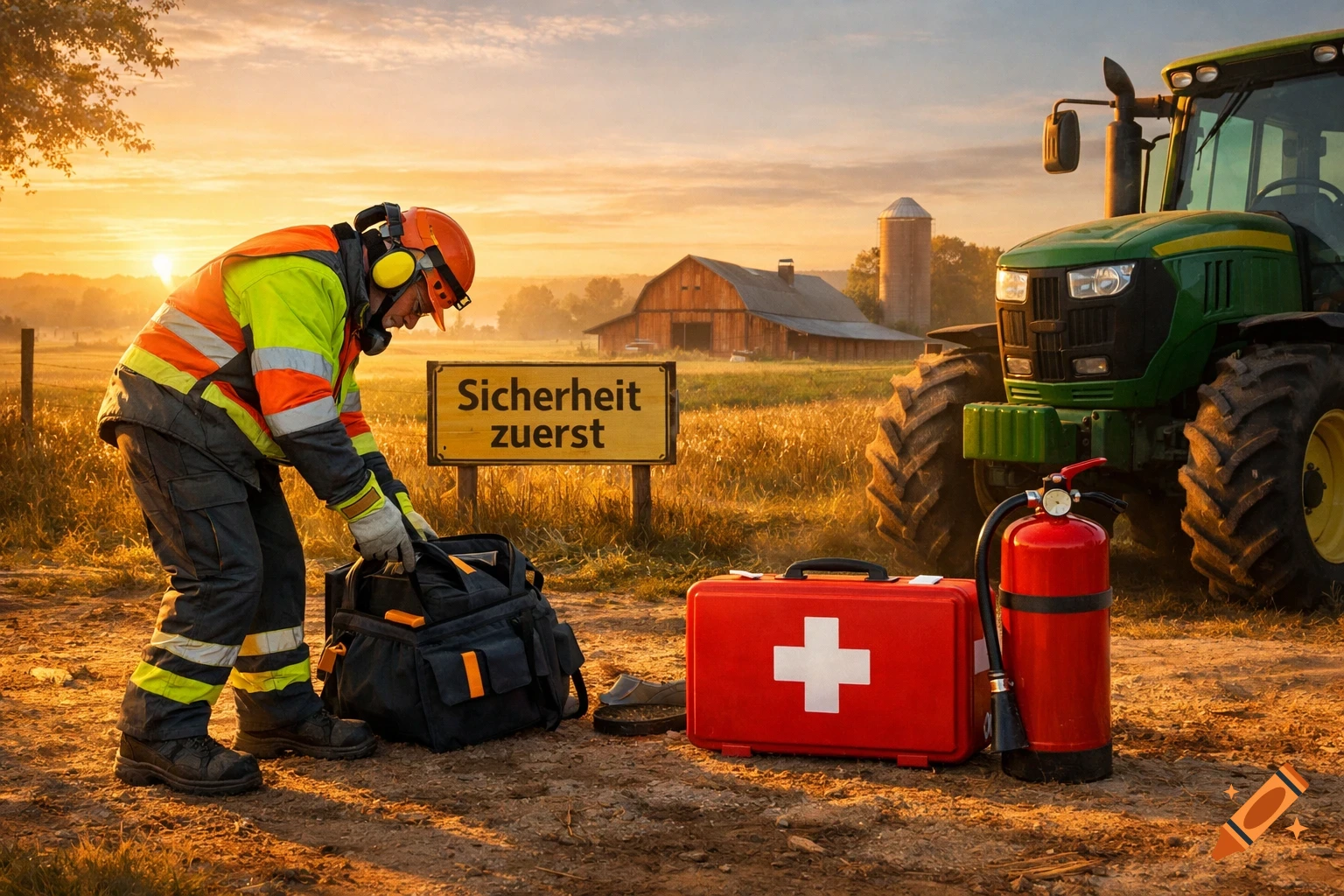 Worker in safety gear on a farm at sunrise, with a tractor, first-aid kit, fire extinguisher, and a 'Sicherheit zuerst' sign.