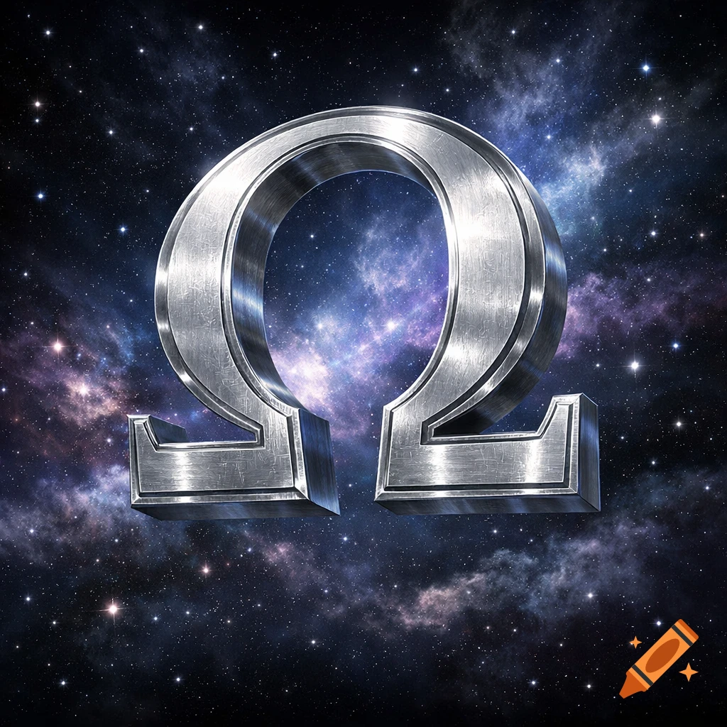 A silver, metallic Greek letter Omega (Ω) floats prominently in the center against a vibrant, star-filled cosmic nebula background.