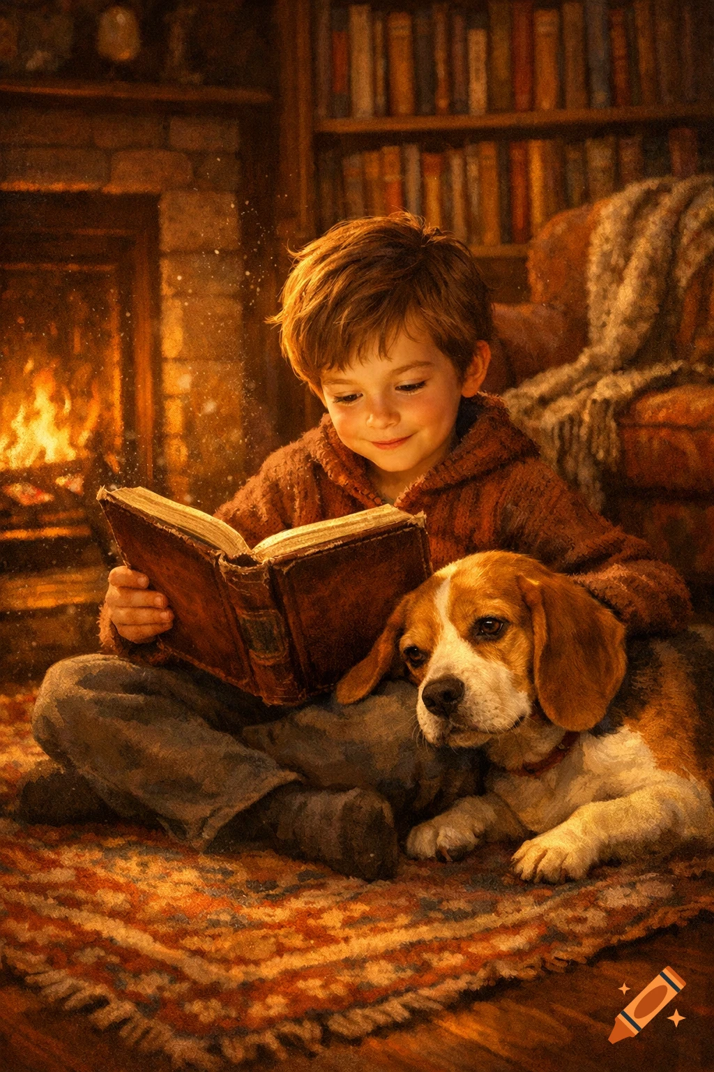 A boy reads a book by a cozy fireplace with a beagle resting beside him in a warm, painterly style.