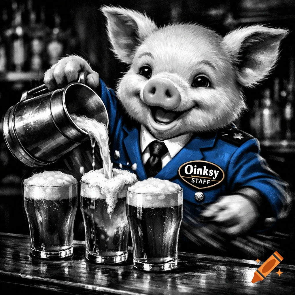 A smiling anthropomorphic pig in a blue staff uniform pours foamy drinks from a pitcher behind a bar, in a high-contrast black and white image with blue accents.