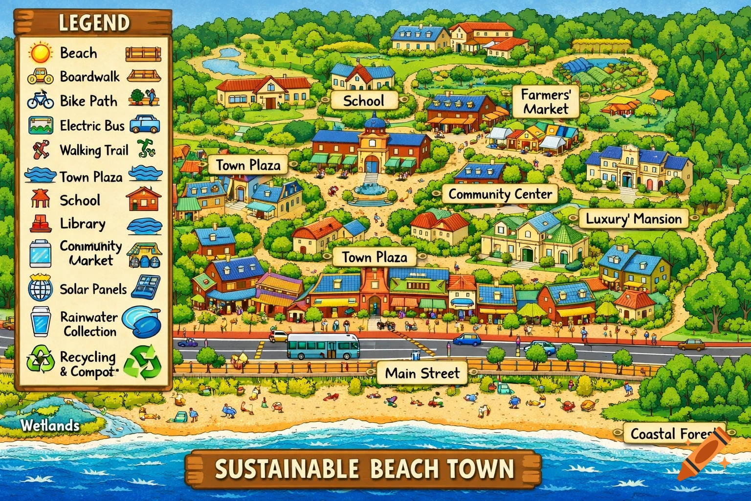 Colorful, cartoon-style illustrated map of a sustainable beach town with labeled areas and a legend.