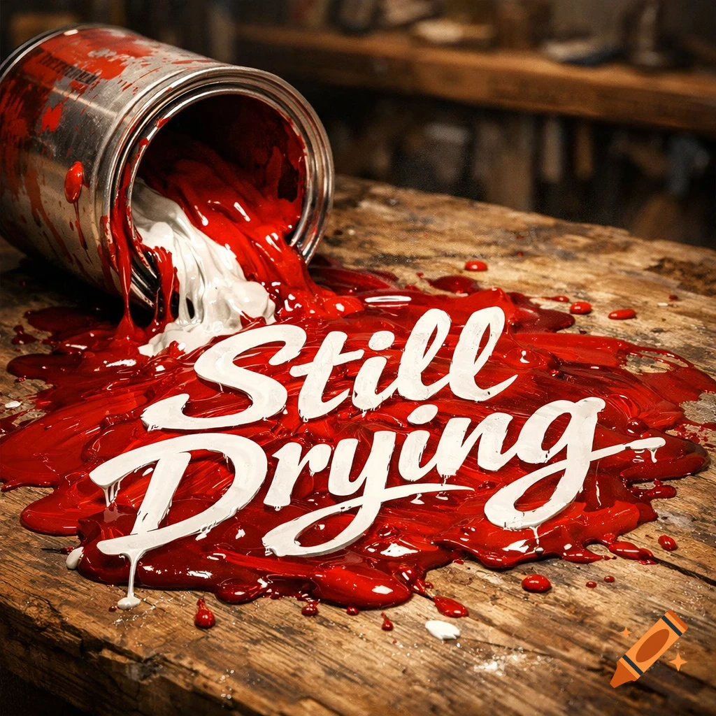 A paint can has spilled red and white paint onto a rustic wooden table, forming the words "Still Drying" in an elegant script font.