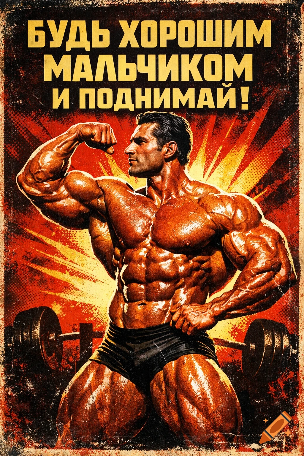 A muscular bodybuilder flexing his bicep in a vintage-style motivational poster with Russian text.