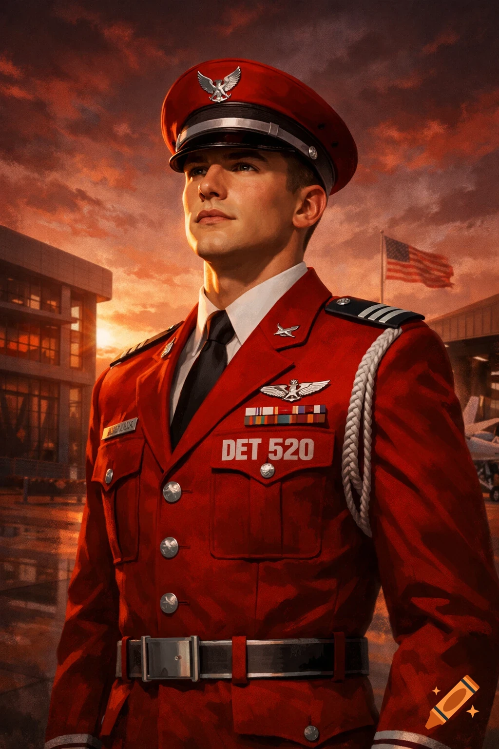 A man in a red military-style uniform and cap with badges stands against a sunset sky with a building and a US flag in the background.