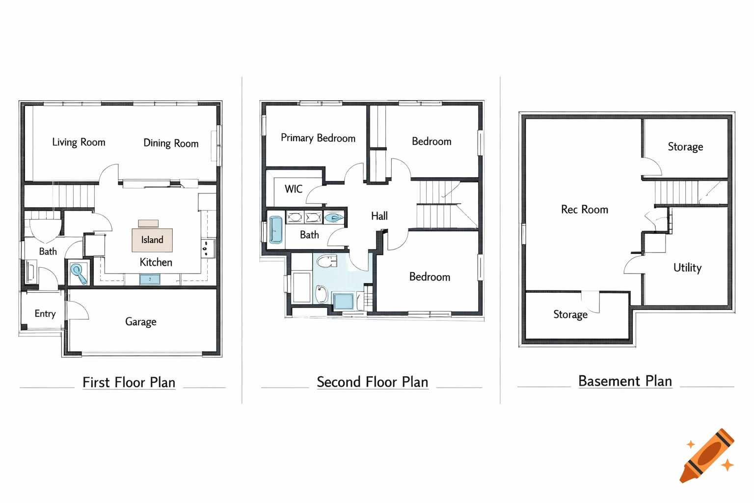 A three-panel architectural blueprint showing the first floor, second floor, and basement plans of a house with labeled rooms like Living Room, Kitchen, Bedrooms, and Rec Room.