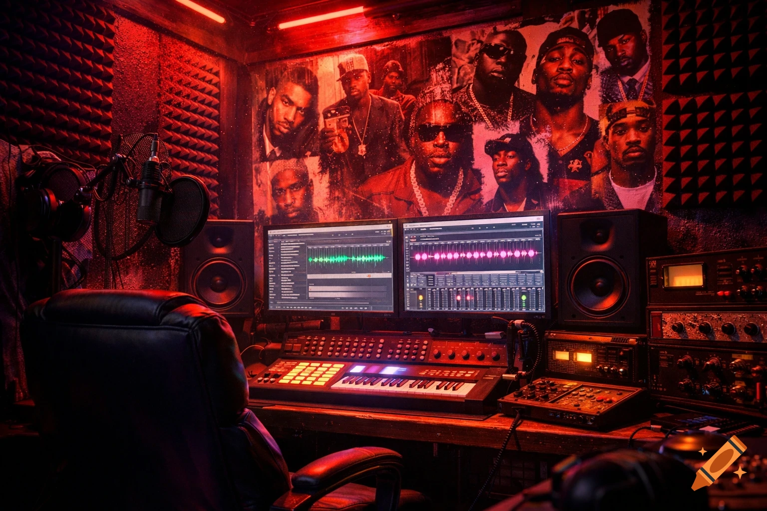 A detailed music recording studio bathed in red light, featuring a control desk, dual monitors with audio waveforms, and posters of rappers on the wall.