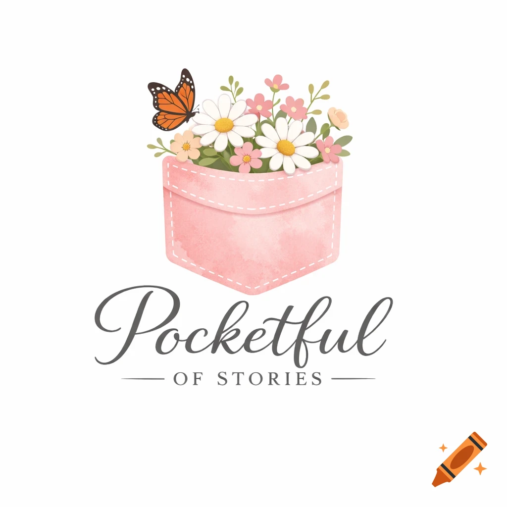 Logo of a pink watercolor pocket with white daisies, pink flowers, and an orange butterfly emerging. Text reads 'Pocketful of Stories'.