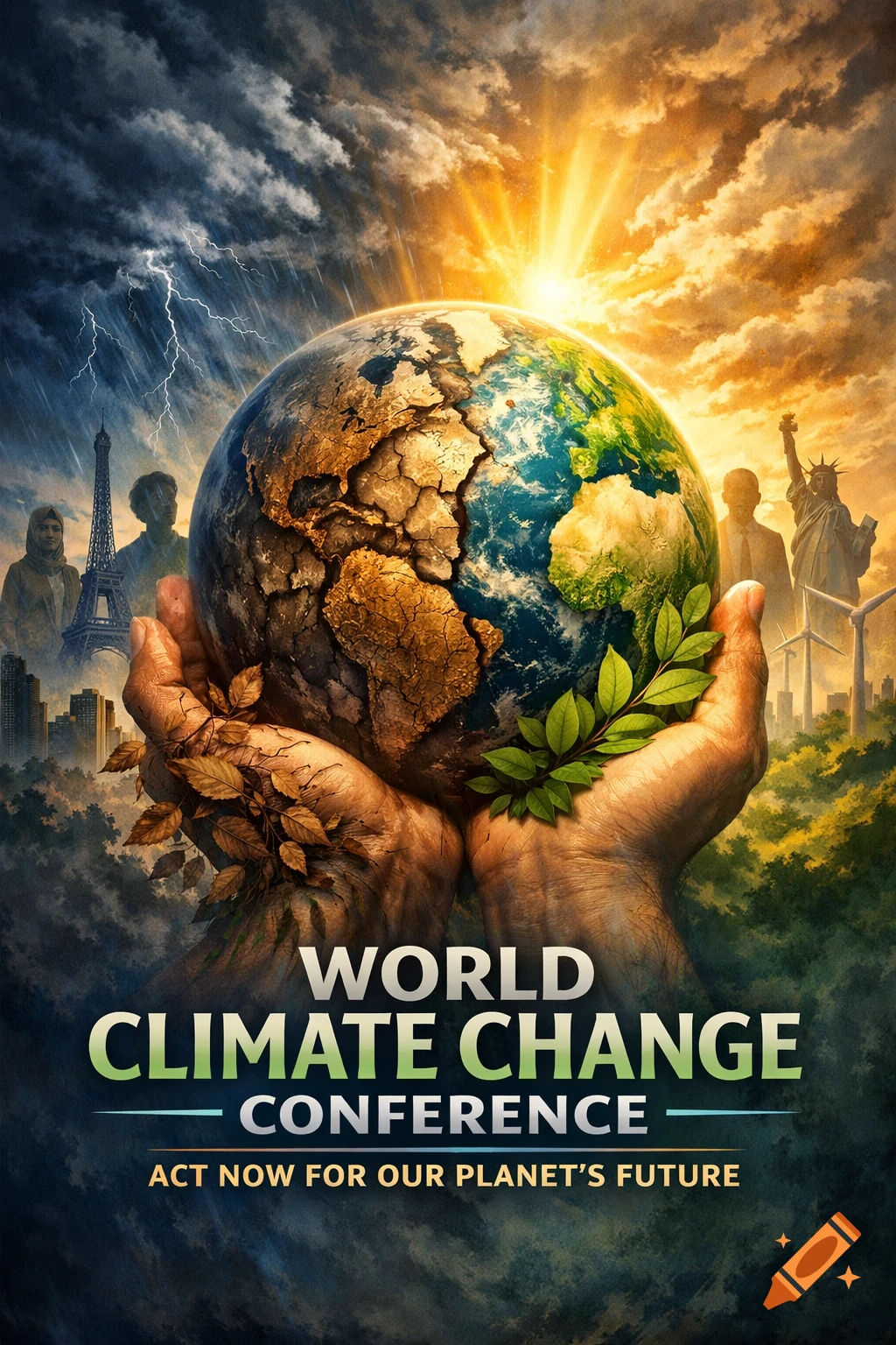 Hands hold a split Earth, half desert, half lush, under storm clouds and a sunburst. Text: World Climate Change Conference.