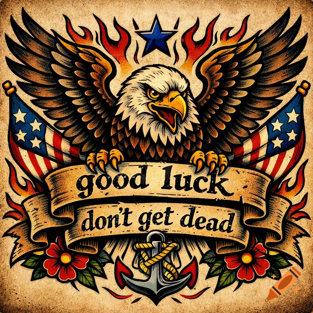 A traditional tattoo style illustration of an eagle with spread wings holding a banner that reads 'good luck don't get dead', flanked by American flags and an anchor.