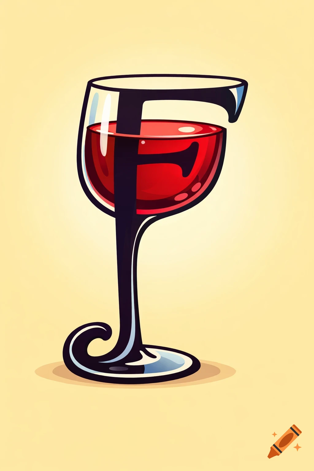 A cartoon wine glass with the letter F forming its stem and part of the liquid, against a light yellow background.