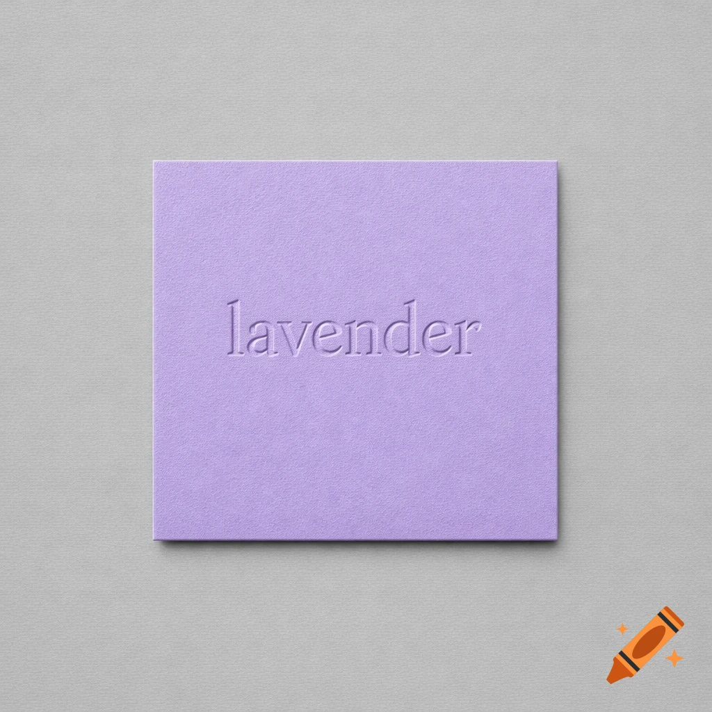 A lavender square card with the word "lavender" embossed in its center, set against a light gray background.