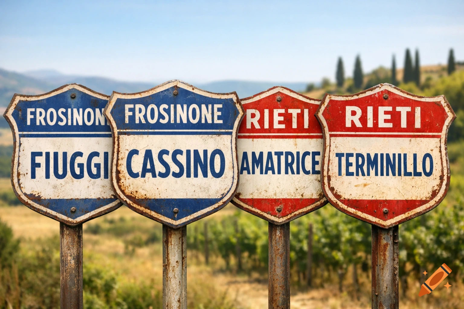 Four weathered Italian road signs for Frosinone, Fiuggi, Cassino, Rieti, Amatrice, and Terminillo against a rural landscape.