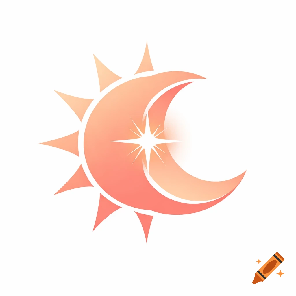 A stylized peach-colored logo showing a crescent moon intertwined with a sun, featuring a bright star in the center.