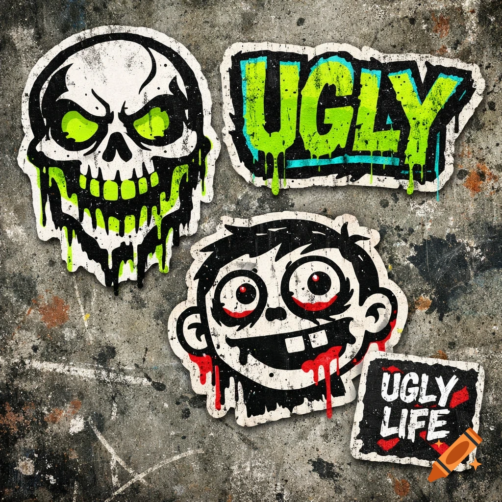 Grunge-style stickers on concrete: a green-dripping skull, a red-dripping cartoon face, and text 'UGLY' and 'UGLY LIFE'.