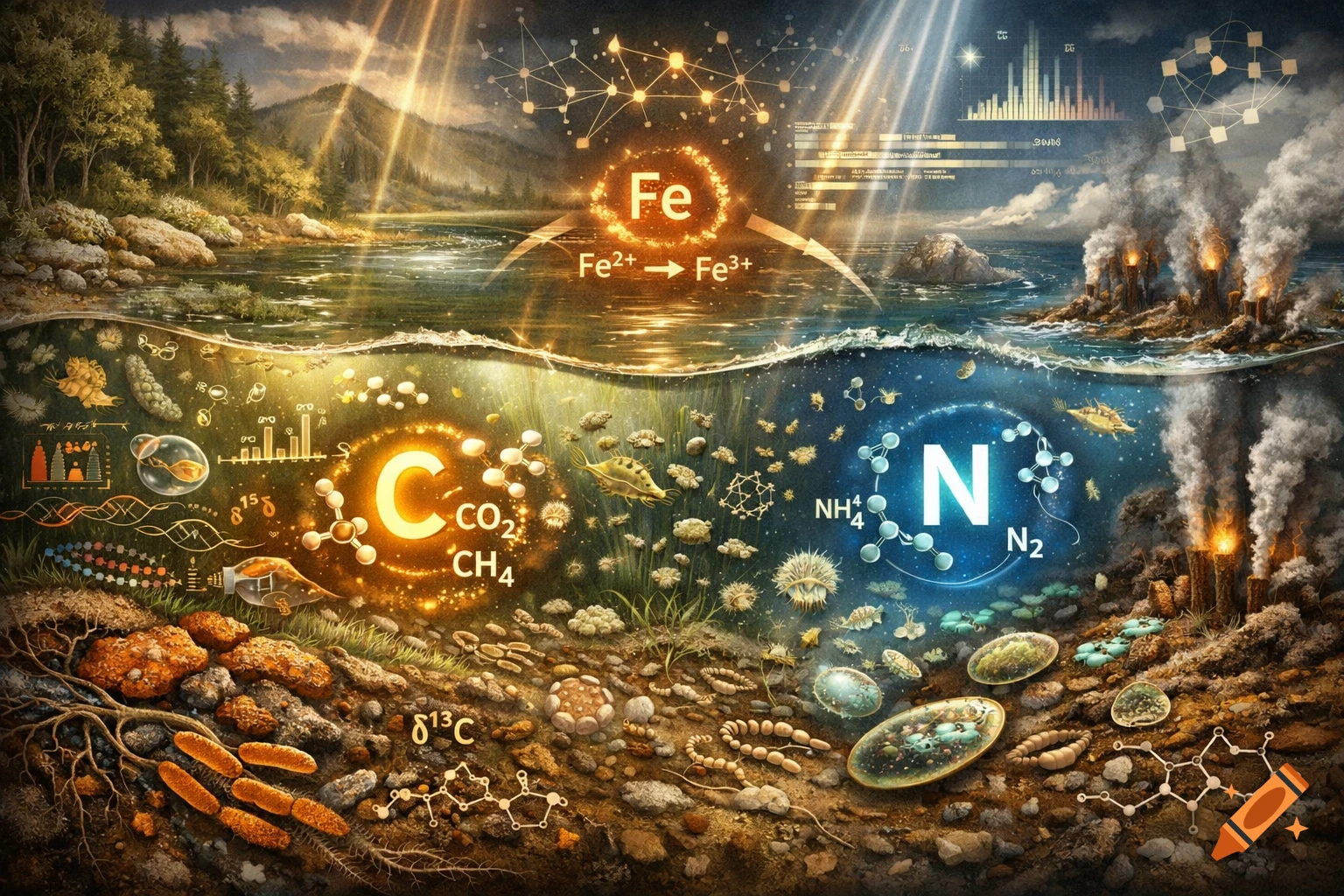 Detailed scientific illustration of biogeochemical cycles in water and land, showing microorganisms, chemical formulas (Fe, C, N), and data visualizations.