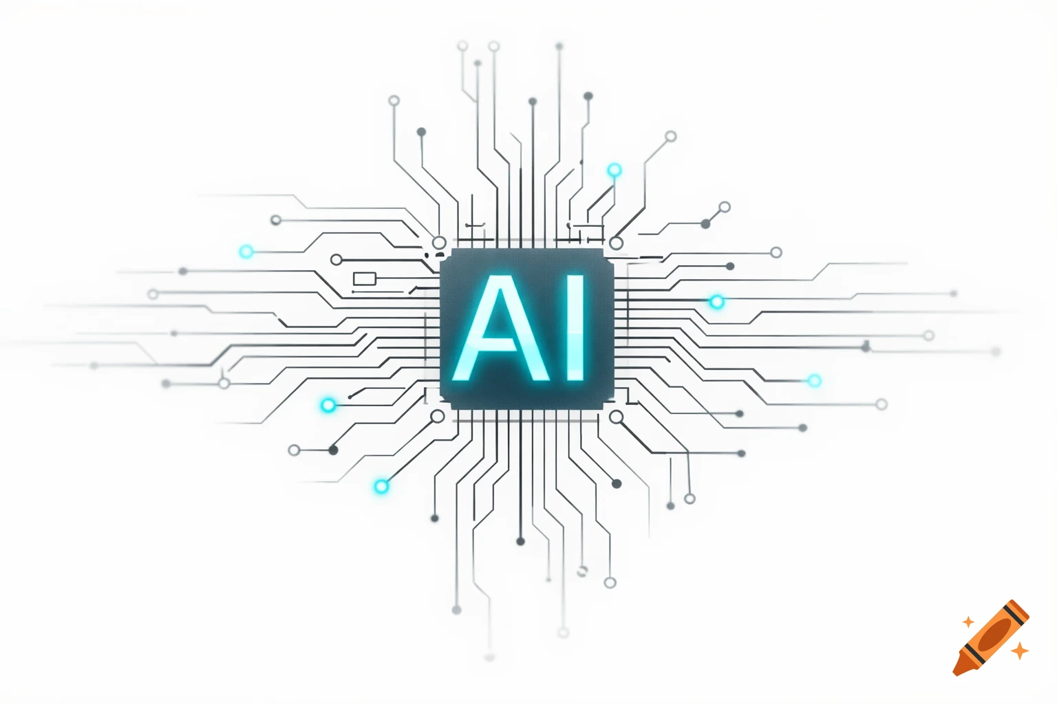 Minimalist design of a glowing blue 'AI' microchip surrounded by circuit board lines on a white background.