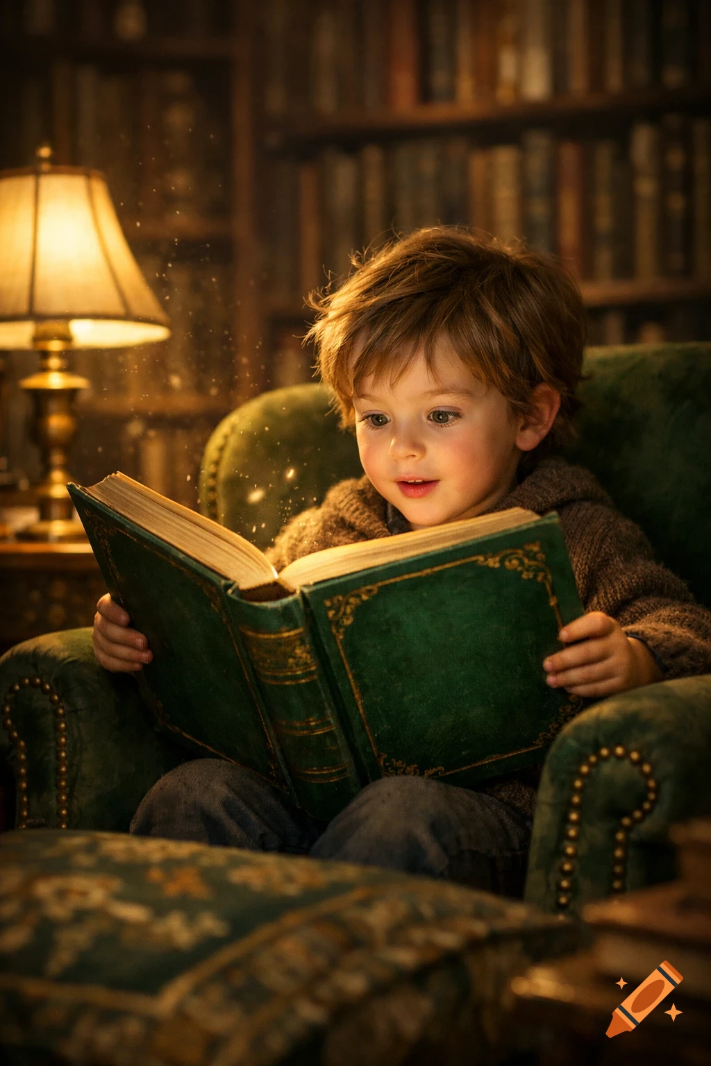 A young child sits in a green armchair, engrossed in reading a large, glowing green book in a dim, cozy library.