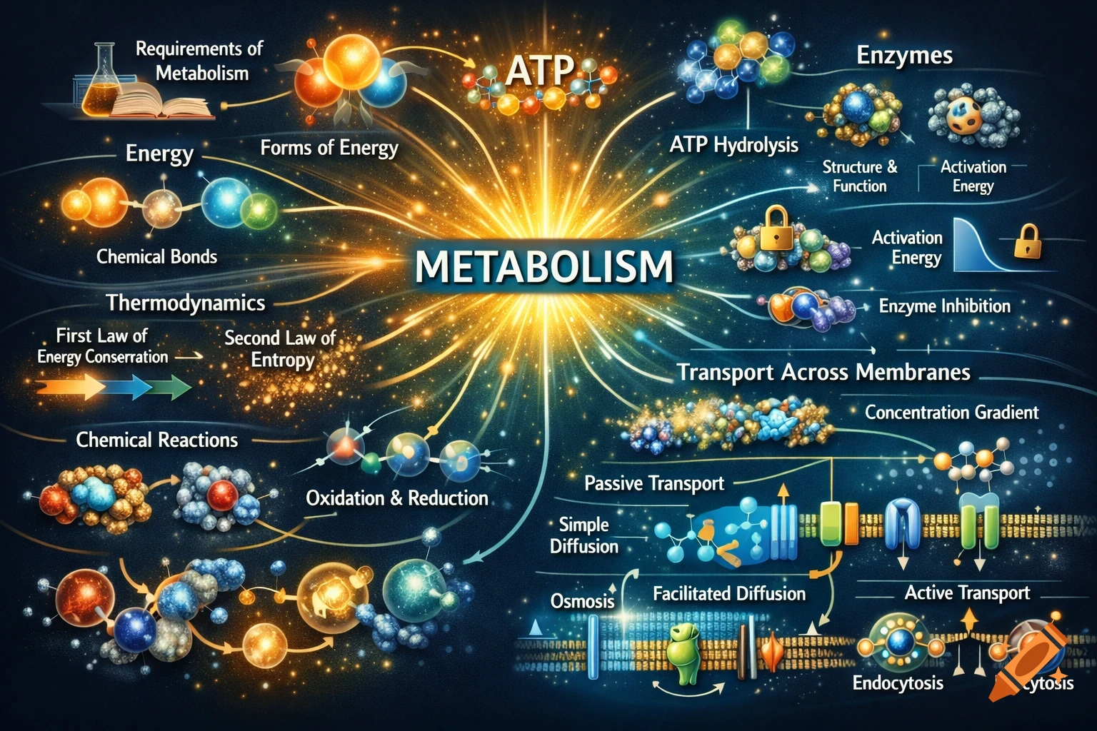 An intricate scientific infographic illustrating the concept of metabolism, showing interconnected topics like energy, chemical reactions, ATP, enzymes, and transport across membranes, depicted with glowing lines and molecular diagrams.