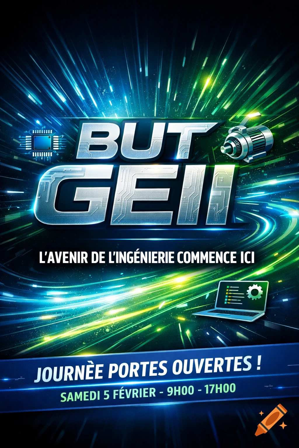 A futuristic poster for a 'BUT GEII' open house, featuring metallic text, a circuit board, a motor, a laptop, and blue-green light streaks.