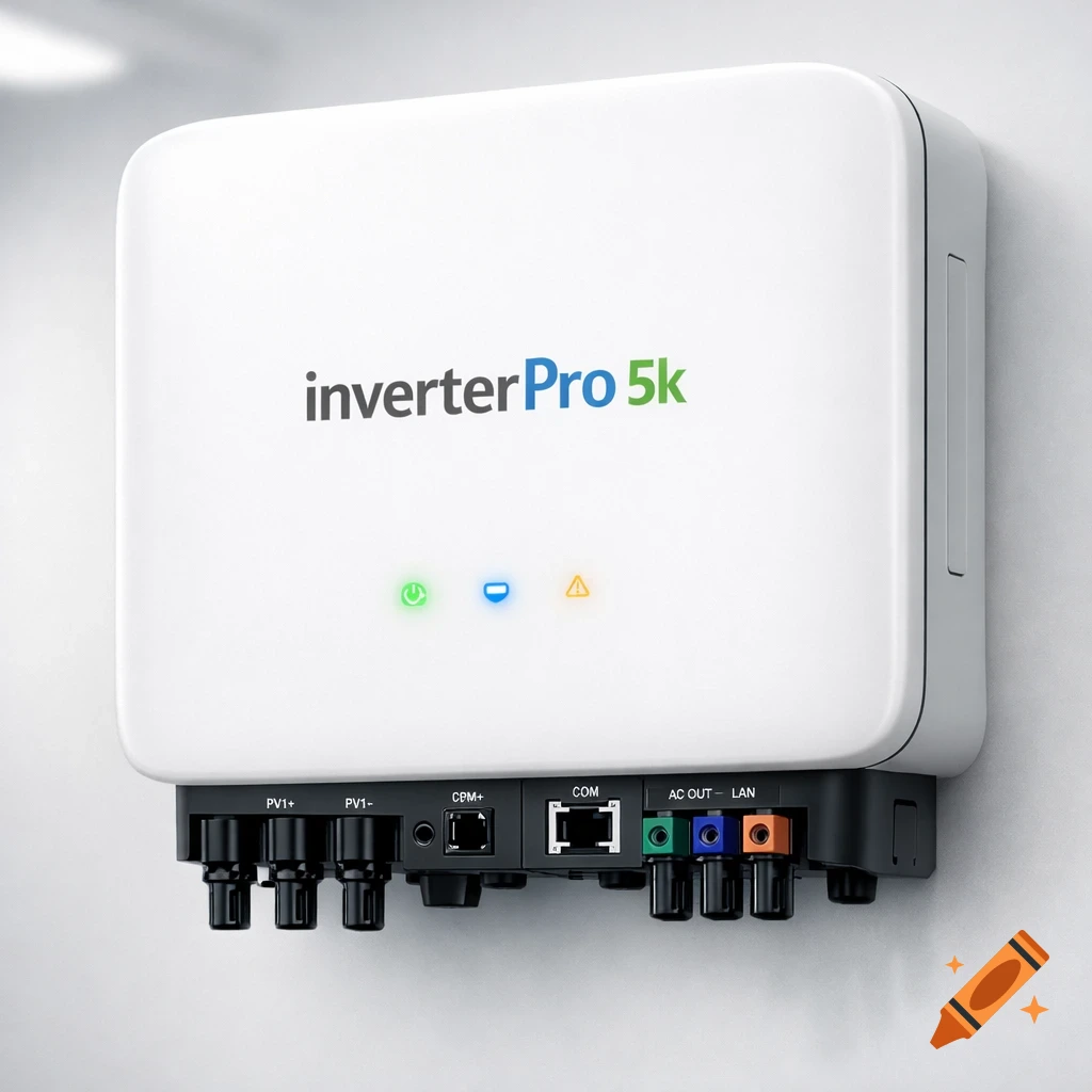 A white wall-mounted solar inverter with the 'inverterPro 5k' logo, status LEDs, and various connection ports.
