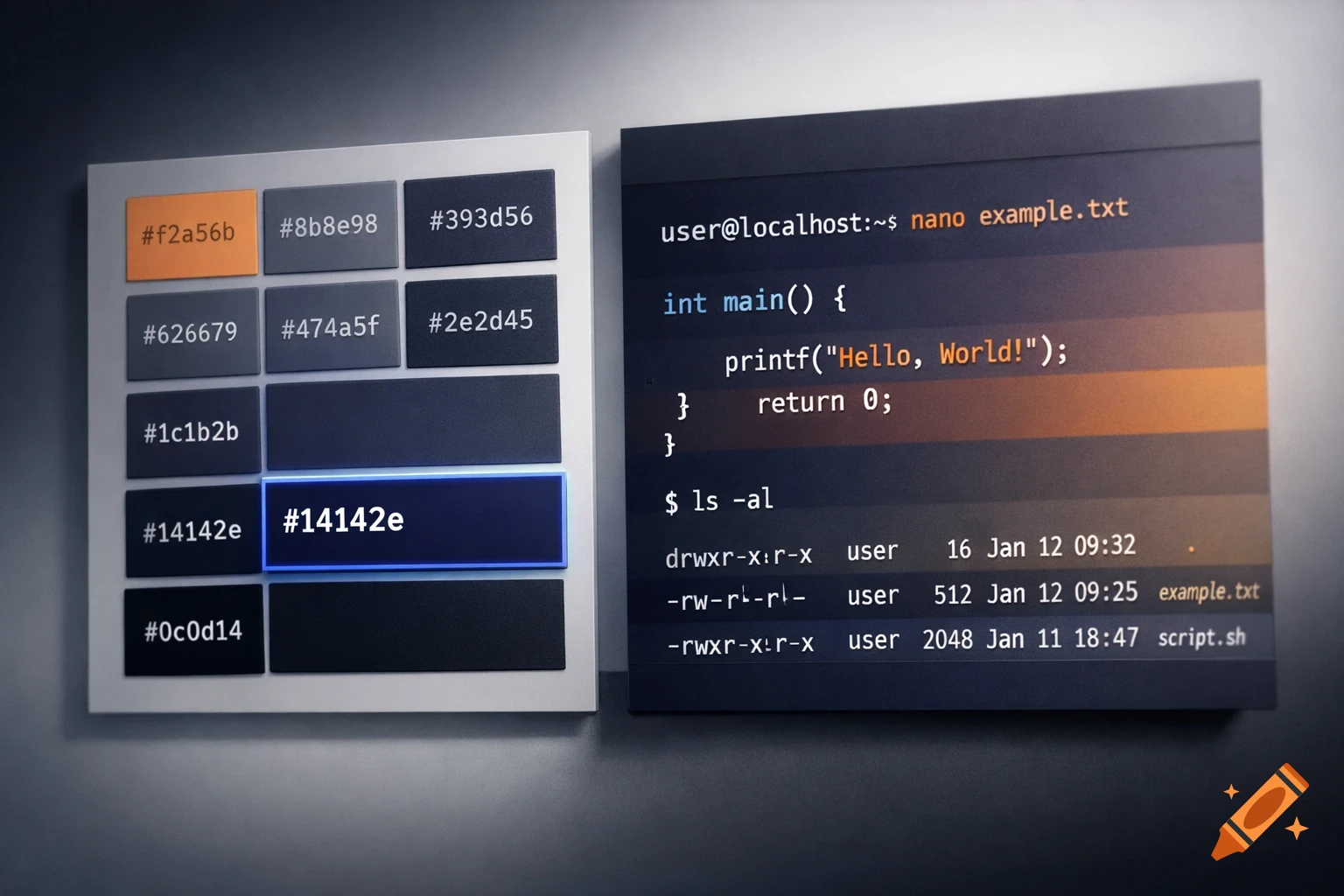 A digital display showing a color palette with hex codes and a terminal screen with C programming code and directory listings.