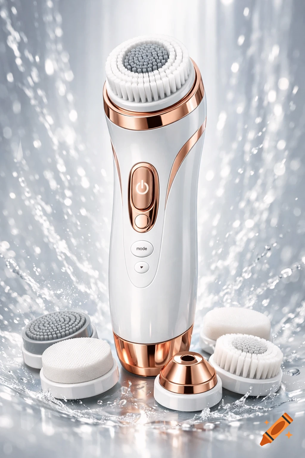 White and rose gold electric facial cleansing brush with attachments on a wet, reflective surface with water splashes.