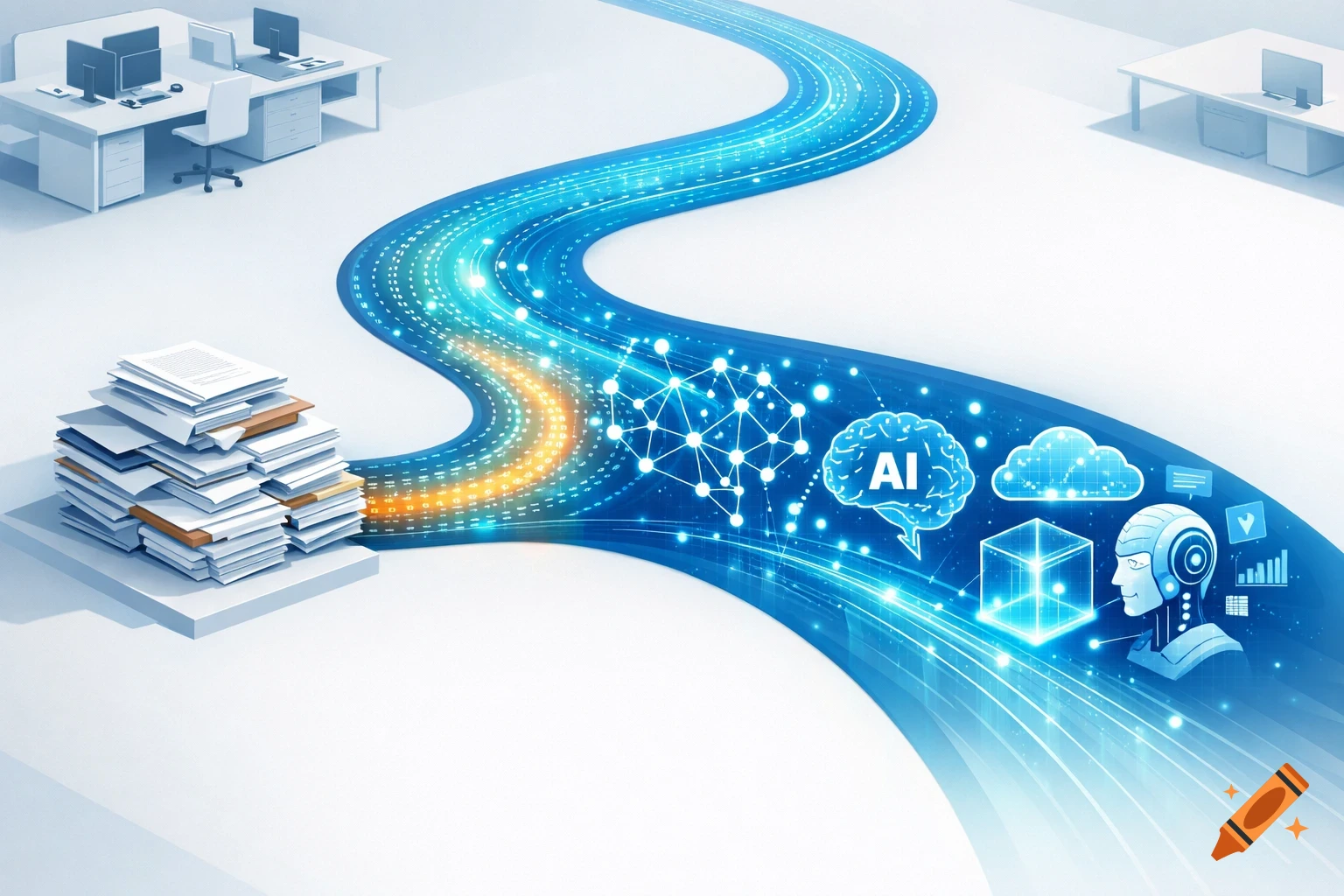 Isometric conceptual art of a digital river transforming paper documents into AI and data icons within a clean office environment.