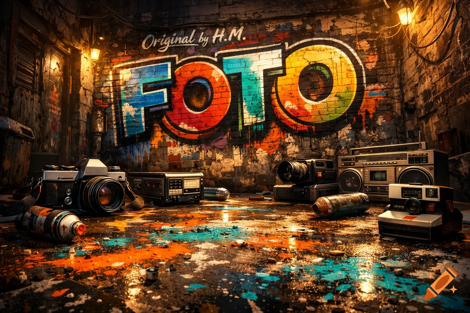 A low-angle shot of a gritty city alley with vibrant 'FOTO' graffiti, paint splashes, and scattered vintage cameras and boomboxes.